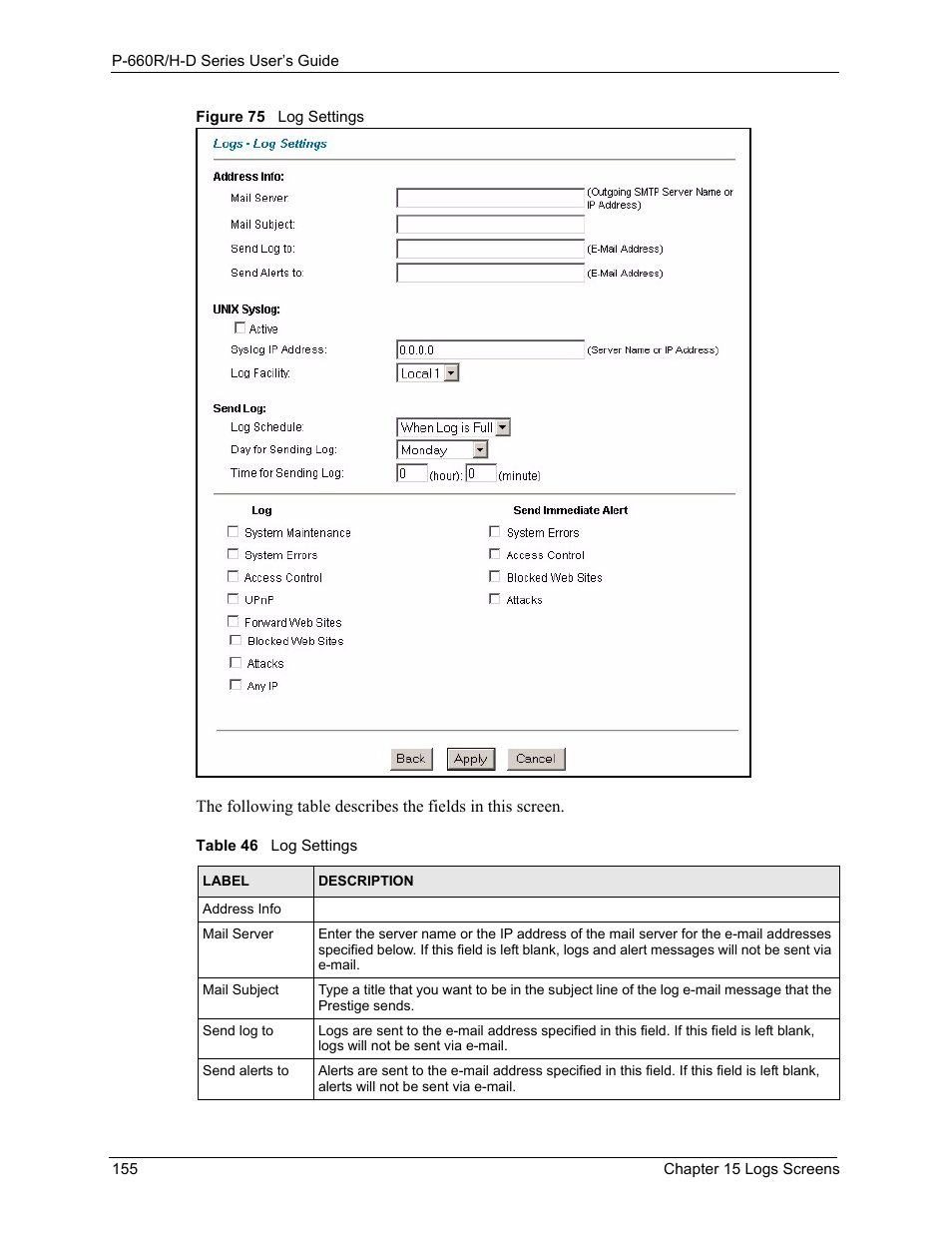 Figure 75 log settings, Table 46 log settings | ZyXEL Communications P-660H-D Series User Manual | Page 156 / 421