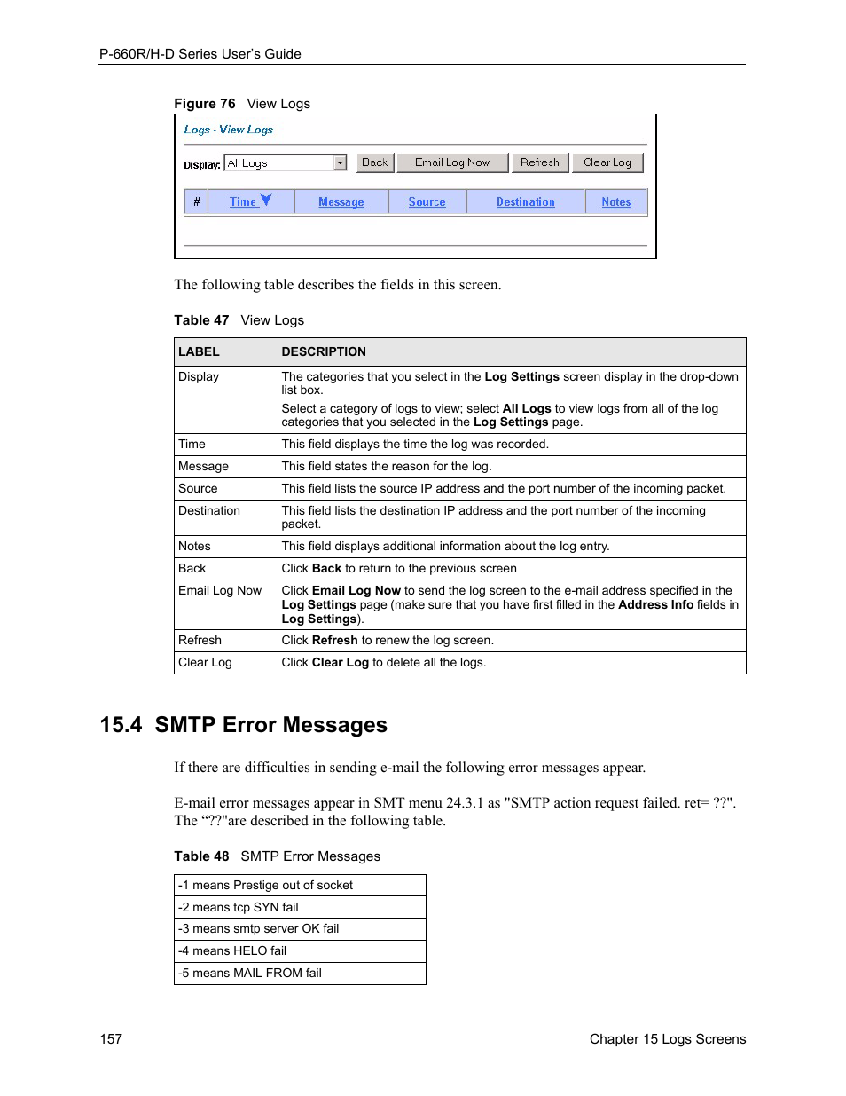 4 smtp error messages, Figure 76 view logs, Table 47 view logs table 48 smtp error messages | ZyXEL Communications P-660H-D Series User Manual | Page 158 / 421