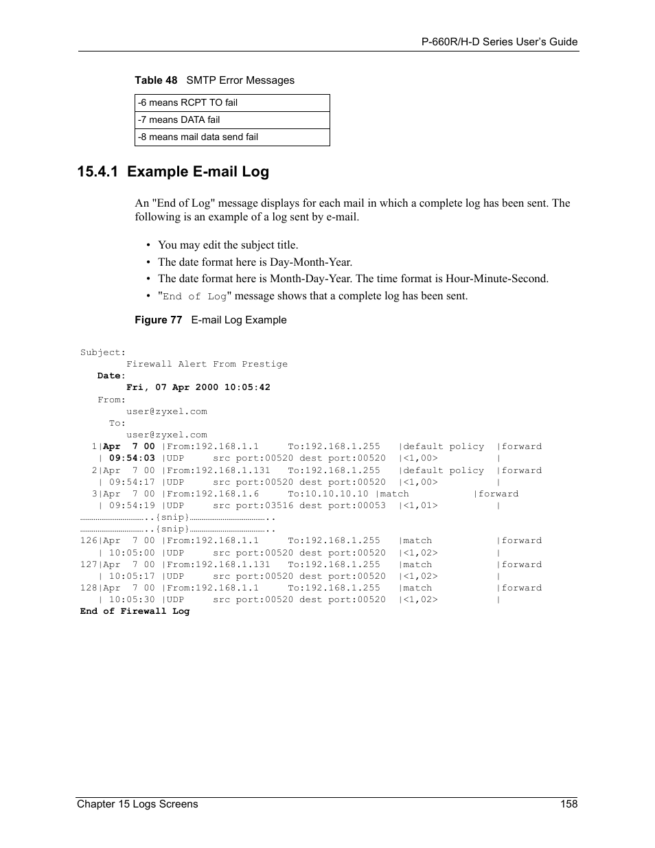 1 example e-mail log, Figure 77 e-mail log example | ZyXEL Communications P-660H-D Series User Manual | Page 159 / 421