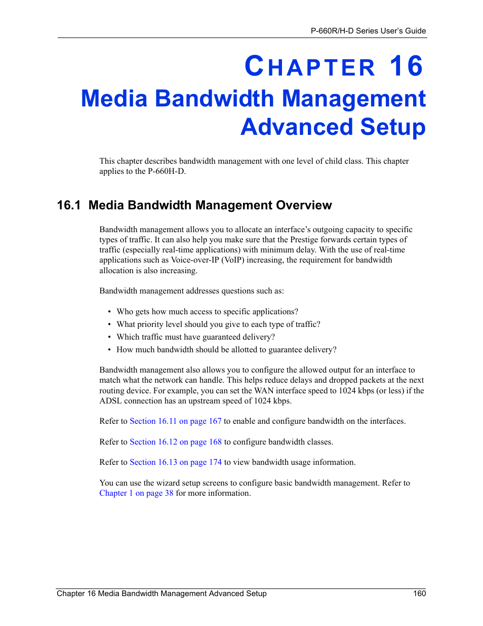 Media bandwidth management advanced setup, 1 media bandwidth management overview | ZyXEL Communications P-660H-D Series User Manual | Page 161 / 421