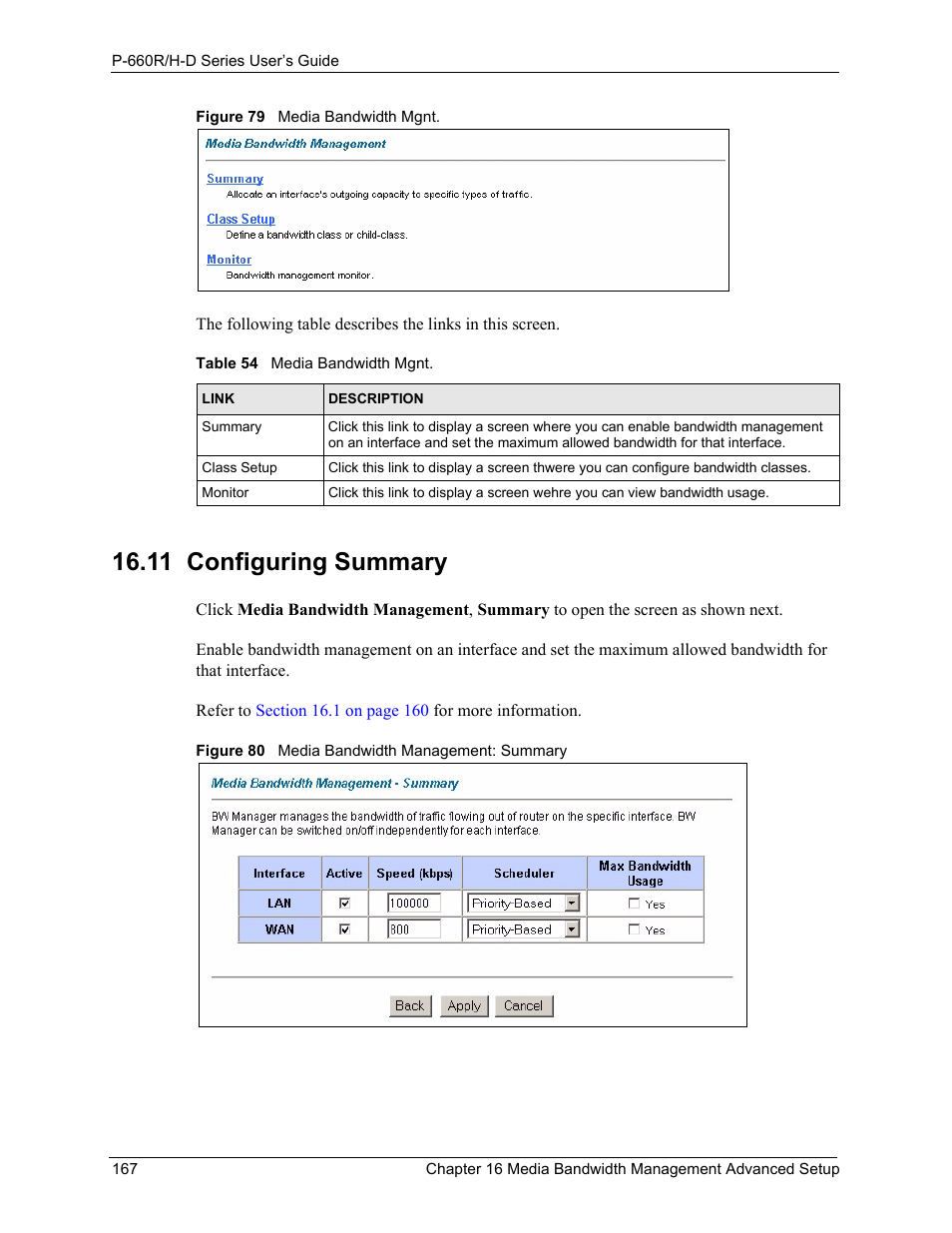 11 configuring summary, Table 54 media bandwidth mgnt, Refer to | N (see | ZyXEL Communications P-660H-D Series User Manual | Page 168 / 421