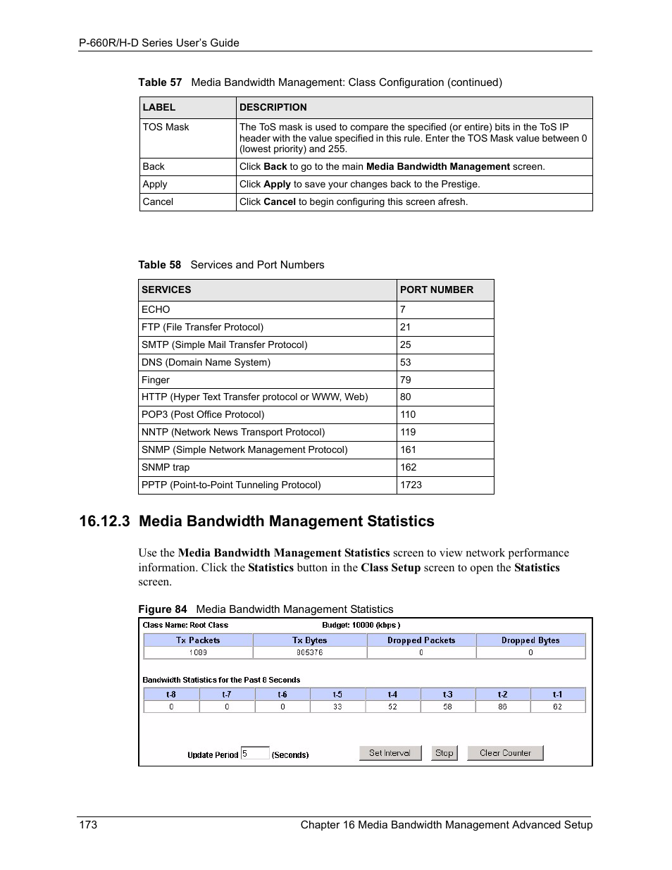 3 media bandwidth management statistics, Figure 84 media bandwidth management statistics, Table 58 services and port numbers | ZyXEL Communications P-660H-D Series User Manual | Page 174 / 421