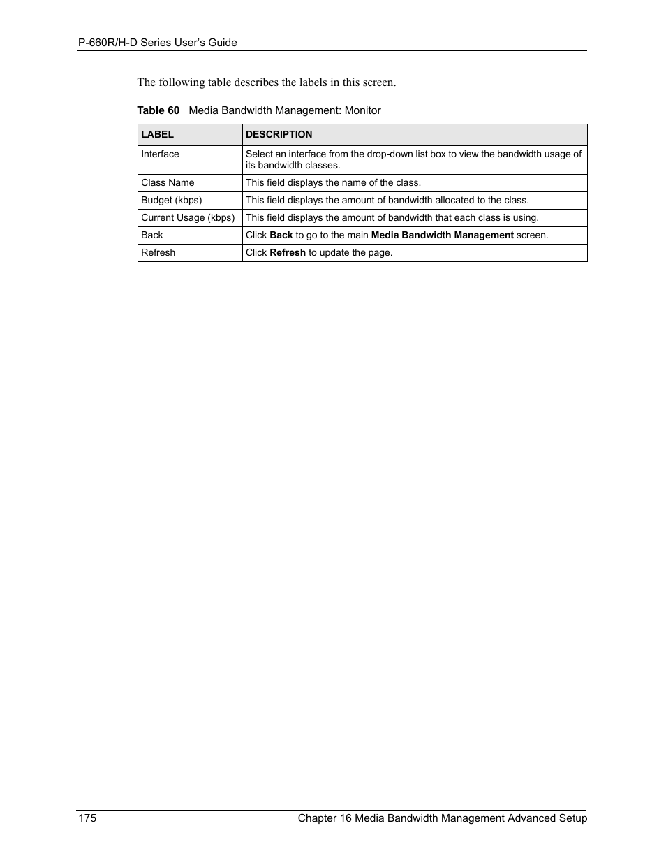 Table 60 media bandwidth management: monitor | ZyXEL Communications P-660H-D Series User Manual | Page 176 / 421