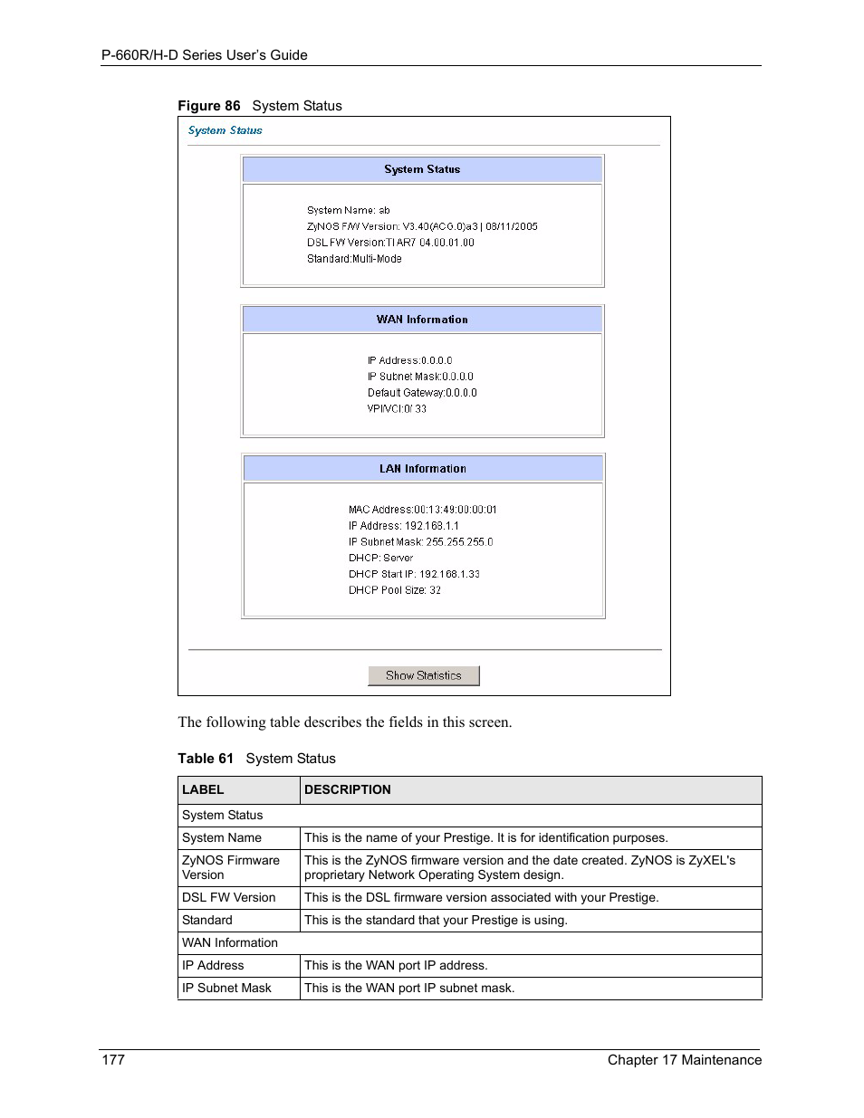 Figure 86 system status, Table 61 system status | ZyXEL Communications P-660H-D Series User Manual | Page 178 / 421