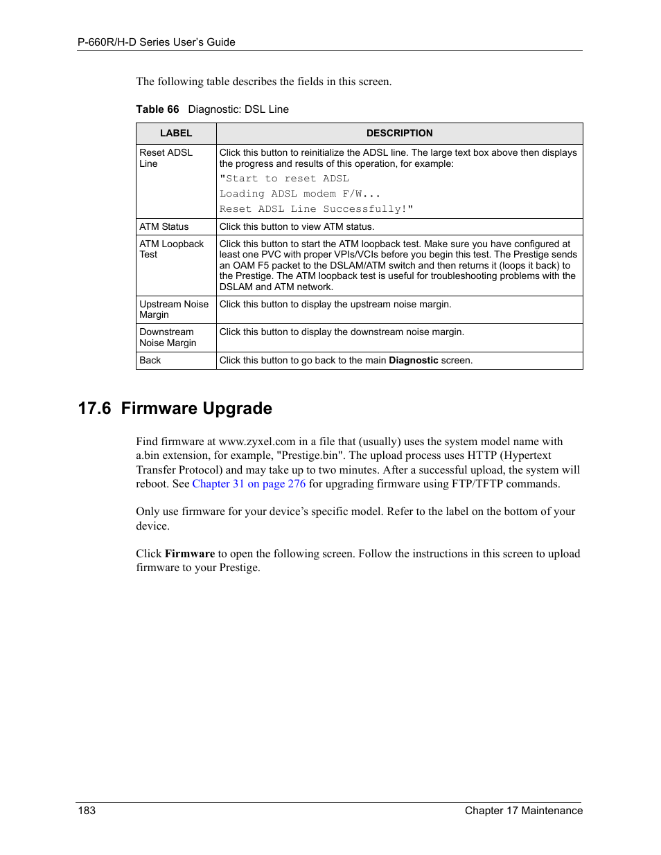 6 firmware upgrade, Table 66 diagnostic: dsl line | ZyXEL Communications P-660H-D Series User Manual | Page 184 / 421