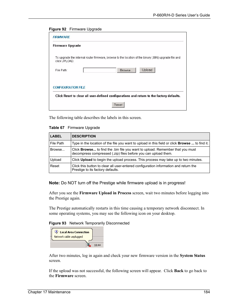 Table 67 firmware upgrade | ZyXEL Communications P-660H-D Series User Manual | Page 185 / 421