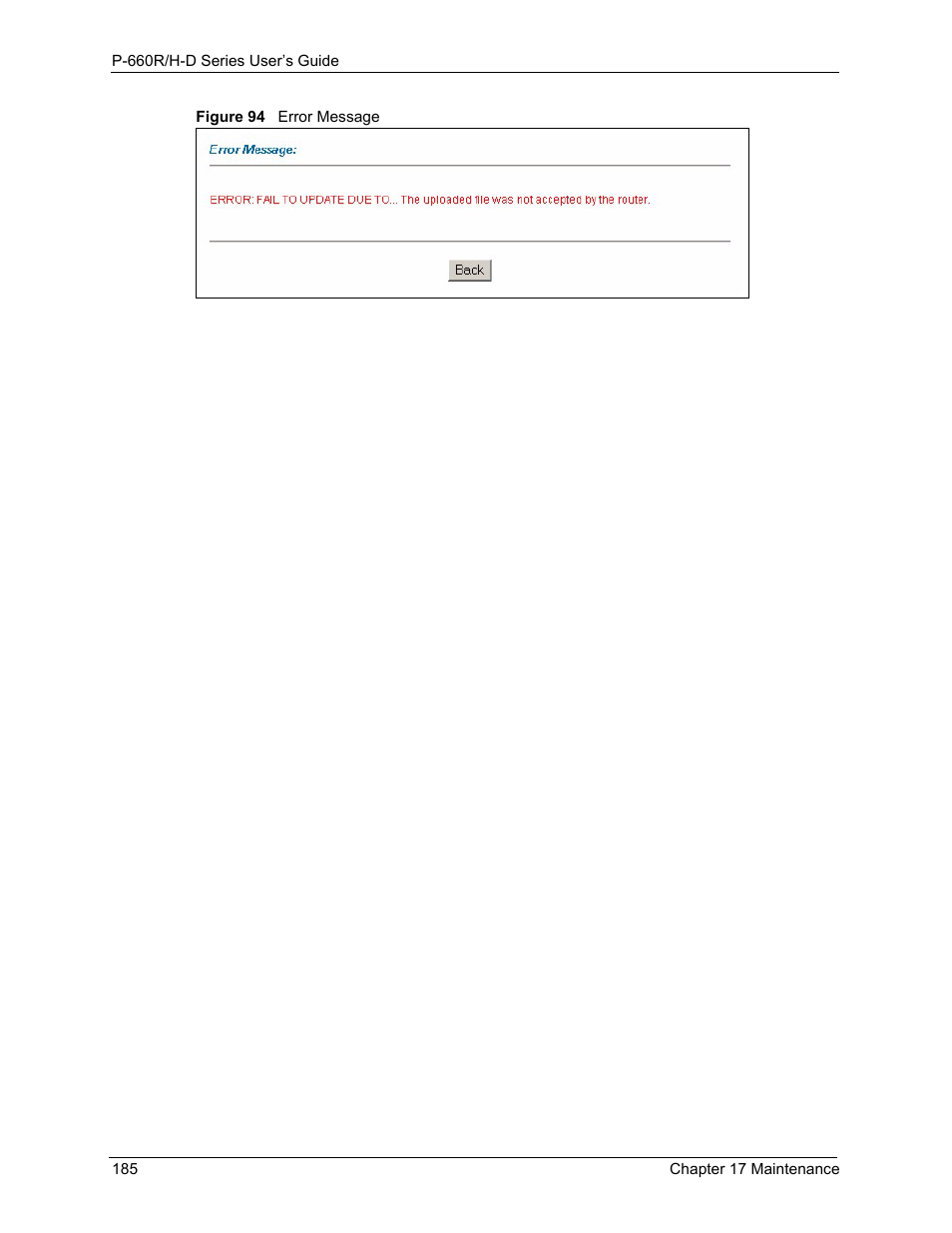 Figure 94 error message | ZyXEL Communications P-660H-D Series User Manual | Page 186 / 421