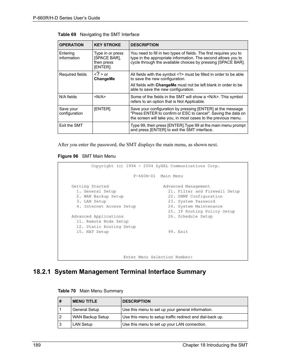 1 system management terminal interface summary, Figure 96 smt main menu, Table 70 main menu summary | ZyXEL Communications P-660H-D Series User Manual | Page 190 / 421