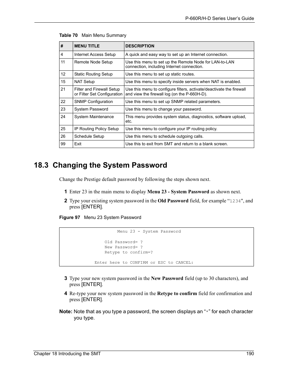 3 changing the system password, Figure 97 menu 23 system password | ZyXEL Communications P-660H-D Series User Manual | Page 191 / 421
