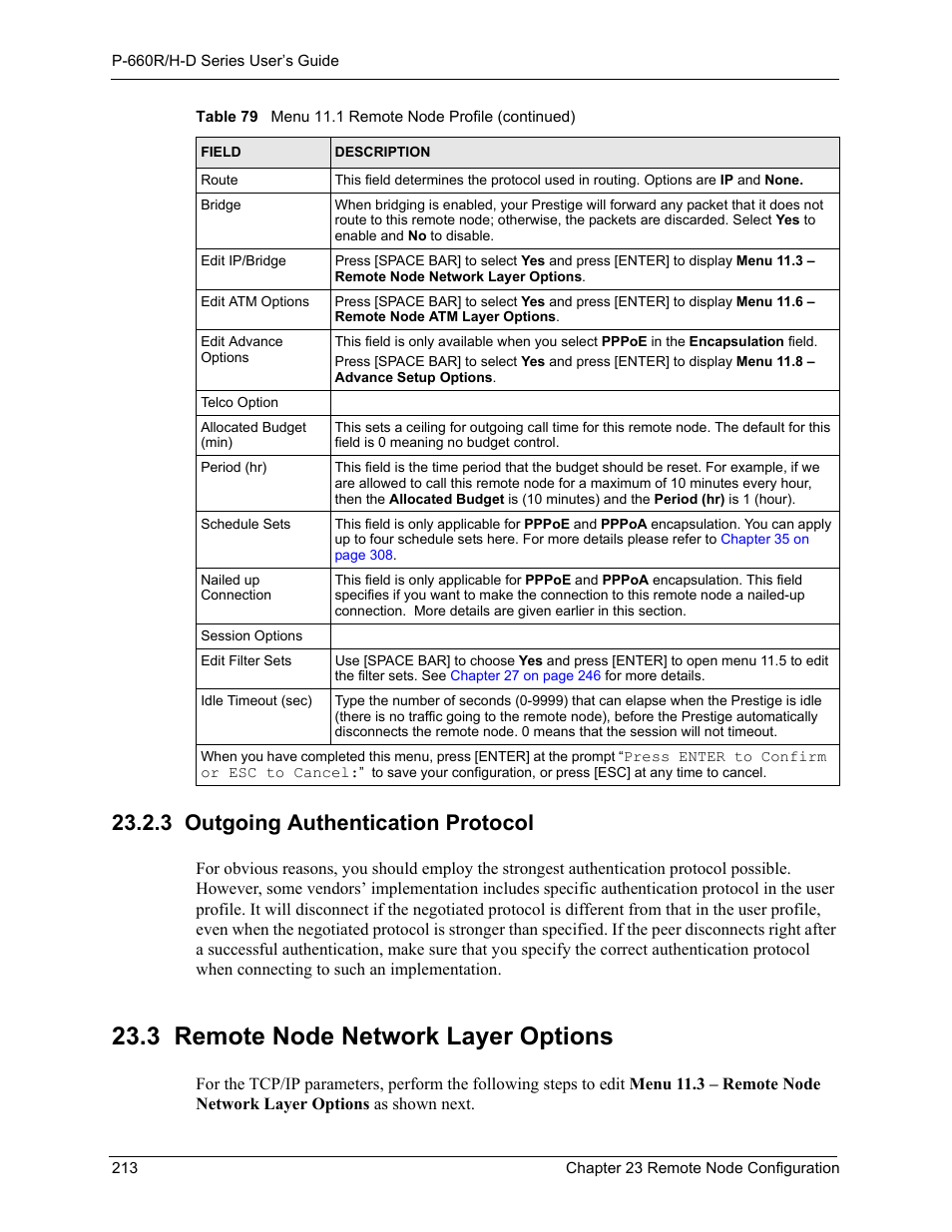 3 outgoing authentication protocol, 3 remote node network layer options | ZyXEL Communications P-660H-D Series User Manual | Page 214 / 421