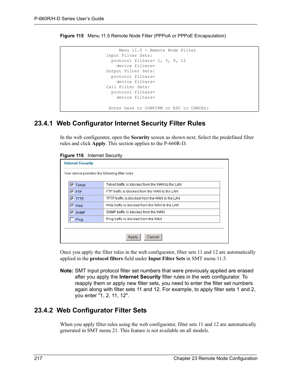 1 web configurator internet security filter rules, 2 web configurator filter sets | ZyXEL Communications P-660H-D Series User Manual | Page 218 / 421
