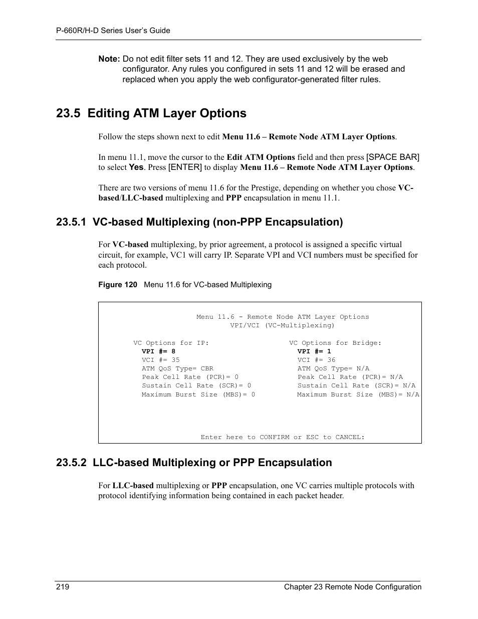 5 editing atm layer options, 1 vc-based multiplexing (non-ppp encapsulation), 2 llc-based multiplexing or ppp encapsulation | Figure 120 menu 11.6 for vc-based multiplexing | ZyXEL Communications P-660H-D Series User Manual | Page 220 / 421