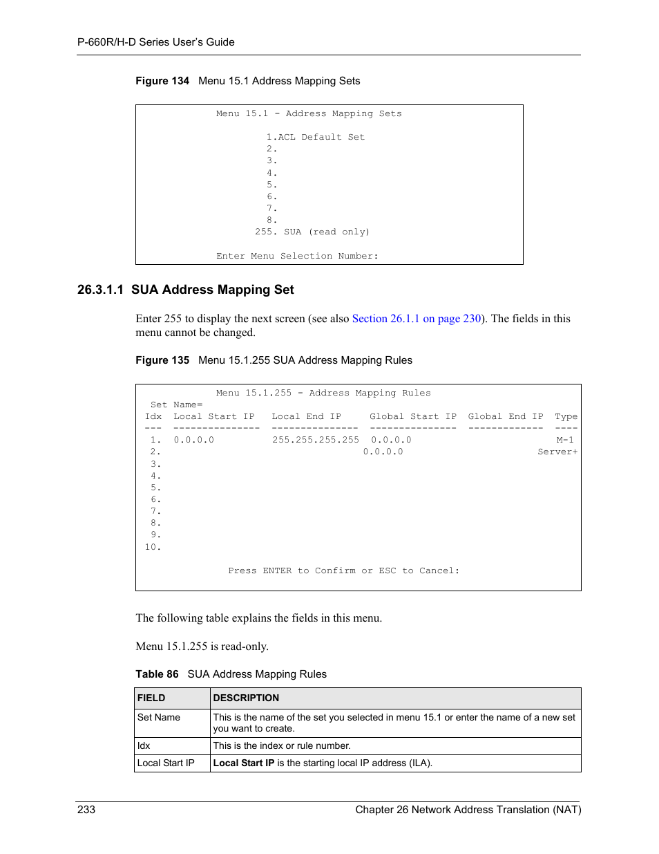 1 sua address mapping set, Table 86 sua address mapping rules, 55 (see | Ing set 255 (see, Figure 135 on, Choose | ZyXEL Communications P-660H-D Series User Manual | Page 234 / 421