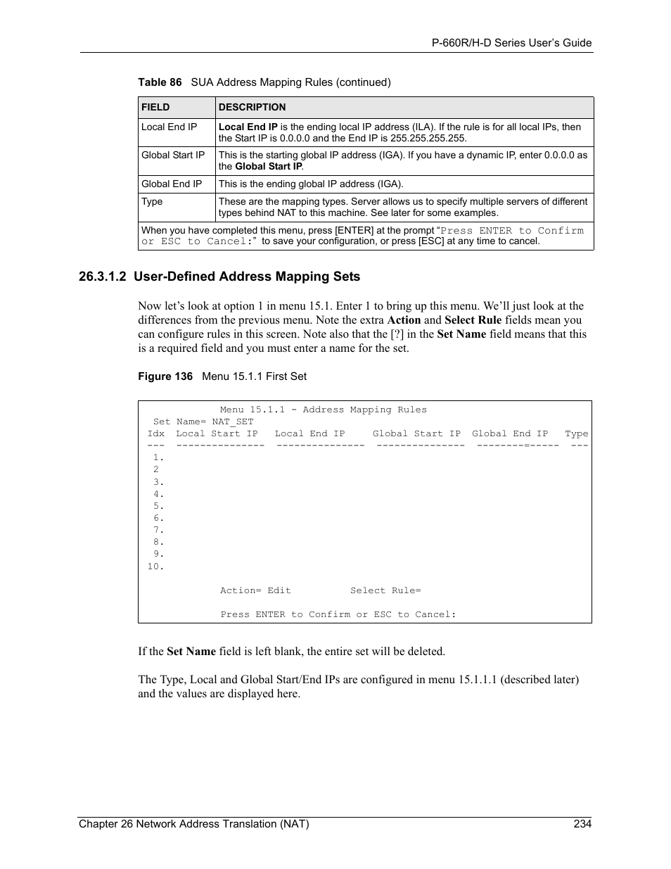 2 user-defined address mapping sets, Figure 136 menu 15.1.1 first set | ZyXEL Communications P-660H-D Series User Manual | Page 235 / 421