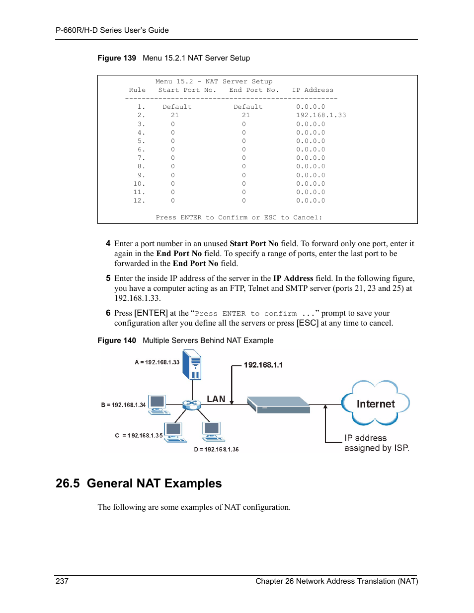 5 general nat examples | ZyXEL Communications P-660H-D Series User Manual | Page 238 / 421