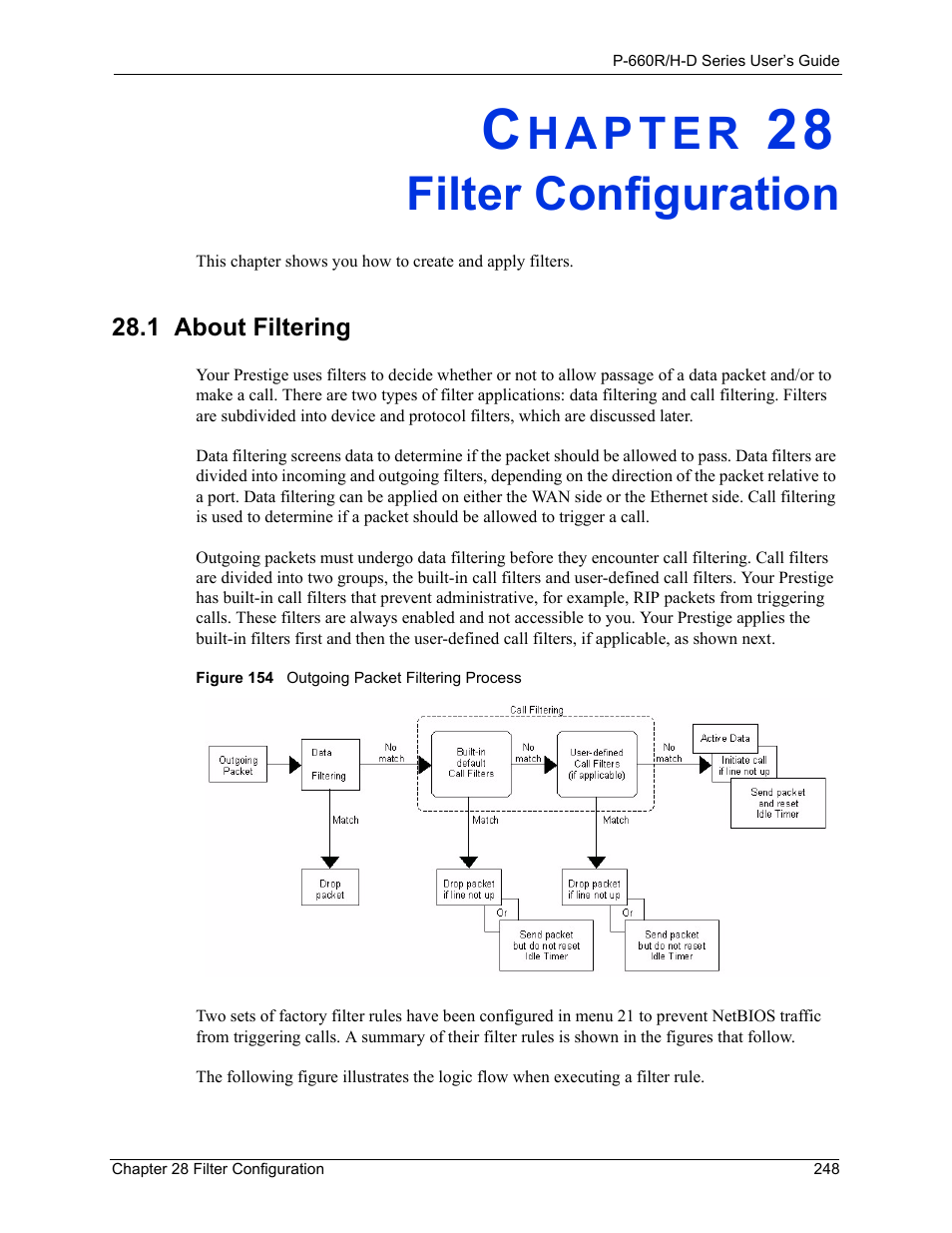 Filter configuration, 1 about filtering, Chapter 28 filter configuration | Figure 154 outgoing packet filtering process | ZyXEL Communications P-660H-D Series User Manual | Page 249 / 421