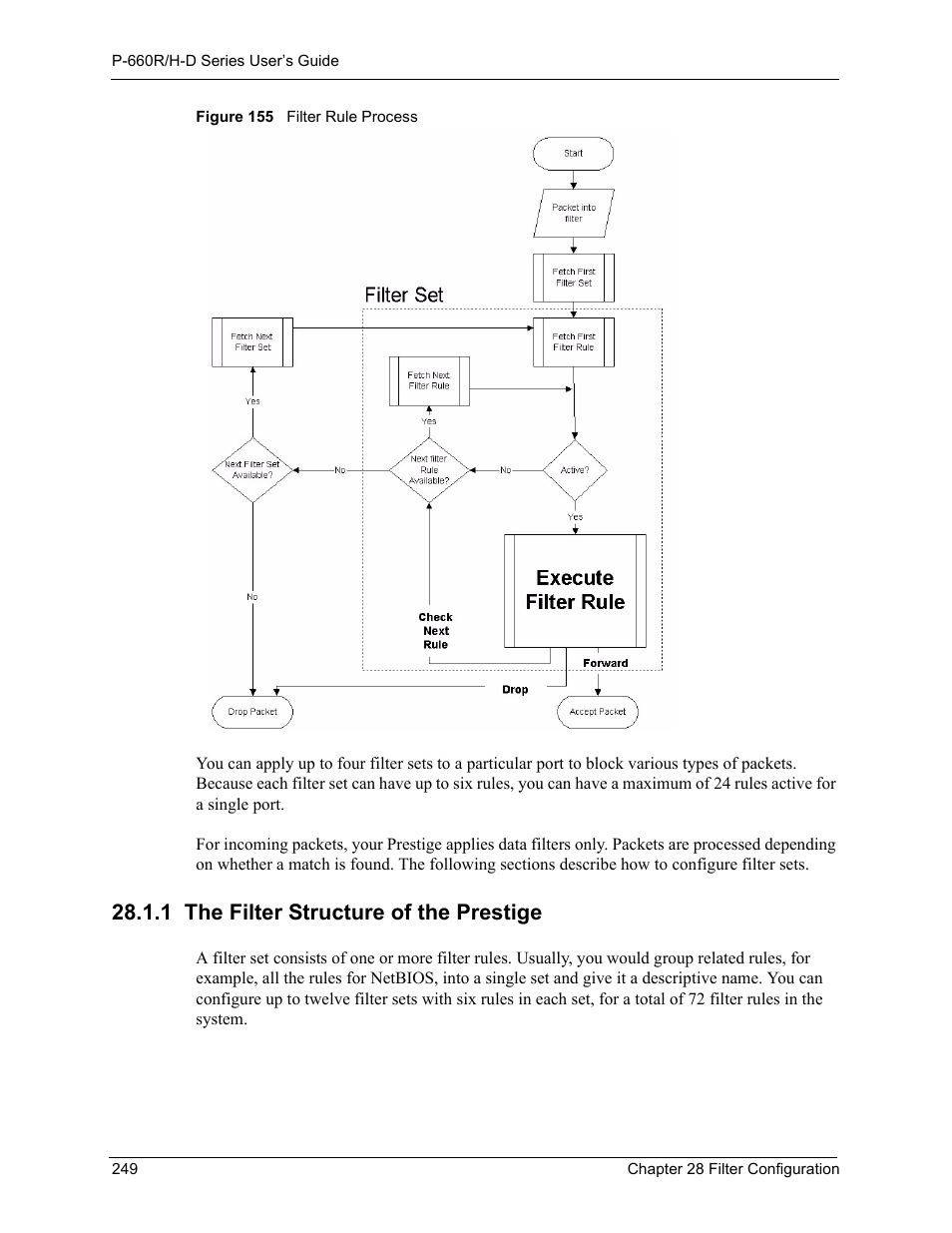 1 the filter structure of the prestige, Figure 155 filter rule process | ZyXEL Communications P-660H-D Series User Manual | Page 250 / 421