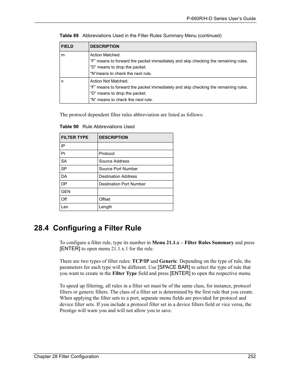 4 configuring a filter rule, Table 90 rule abbreviations used | ZyXEL Communications P-660H-D Series User Manual | Page 253 / 421