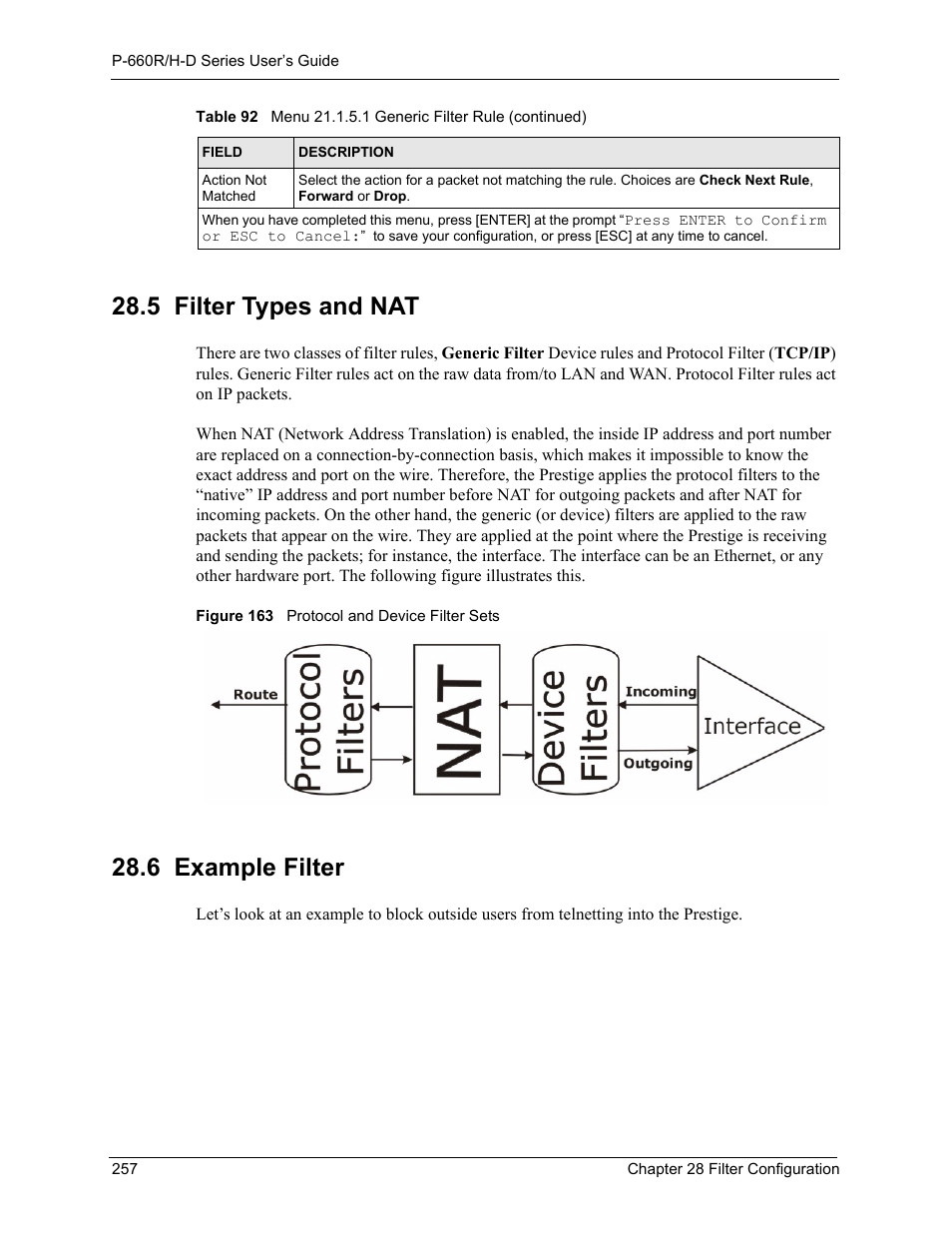5 filter types and nat, 6 example filter, 5 filter types and nat 28.6 example filter | Figure 163 protocol and device filter sets | ZyXEL Communications P-660H-D Series User Manual | Page 258 / 421