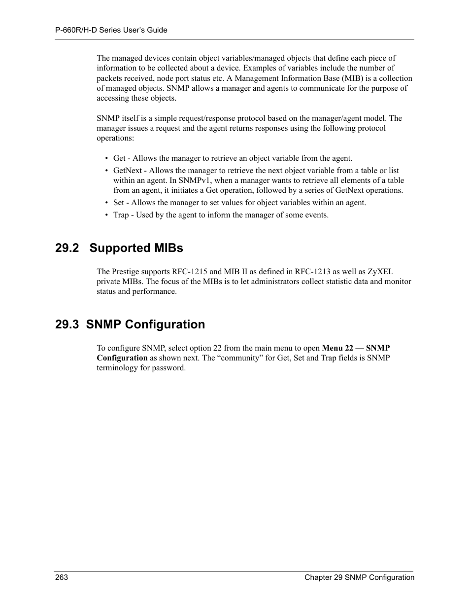 2 supported mibs, 3 snmp configuration, 2 supported mibs 29.3 snmp configuration | ZyXEL Communications P-660H-D Series User Manual | Page 264 / 421