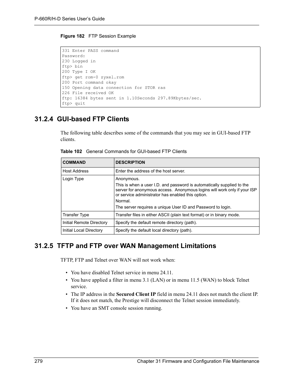 4 gui-based ftp clients, 5 tftp and ftp over wan management limitations, Figure 182 ftp session example | ZyXEL Communications P-660H-D Series User Manual | Page 280 / 421