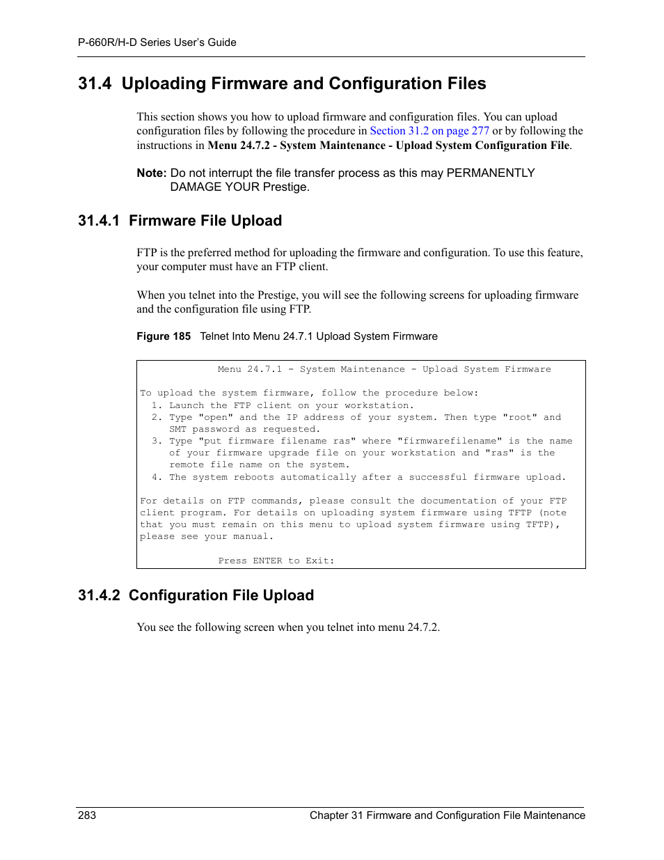 4 uploading firmware and configuration files, 1 firmware file upload, 2 configuration file upload | ZyXEL Communications P-660H-D Series User Manual | Page 284 / 421