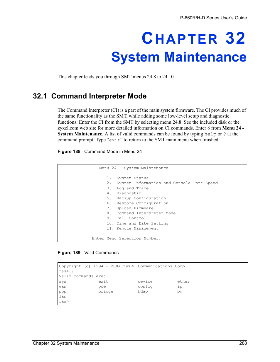 System maintenance, 1 command interpreter mode, Chapter 32 system maintenance | ZyXEL Communications P-660H-D Series User Manual | Page 289 / 421