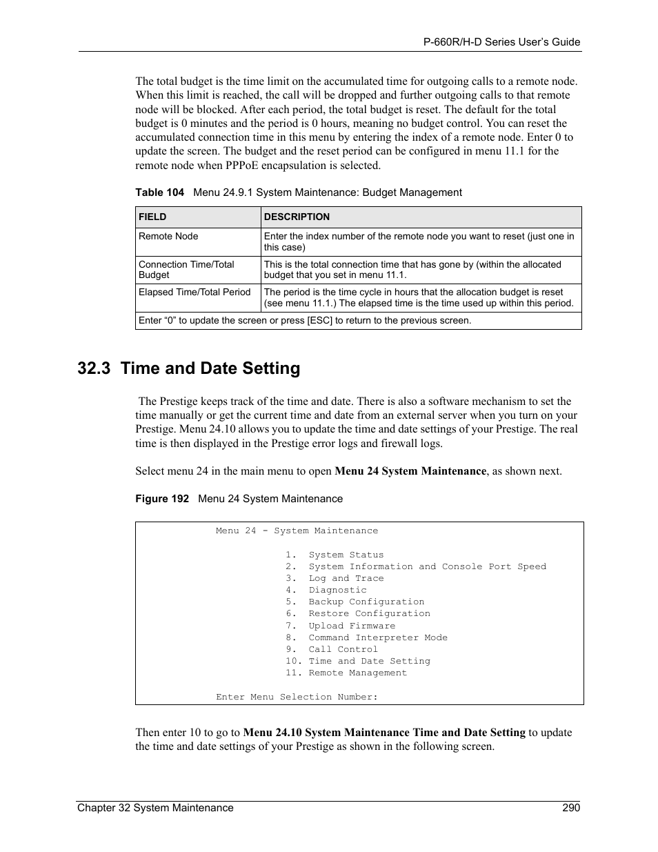 3 time and date setting, Figure 192 menu 24 system maintenance | ZyXEL Communications P-660H-D Series User Manual | Page 291 / 421