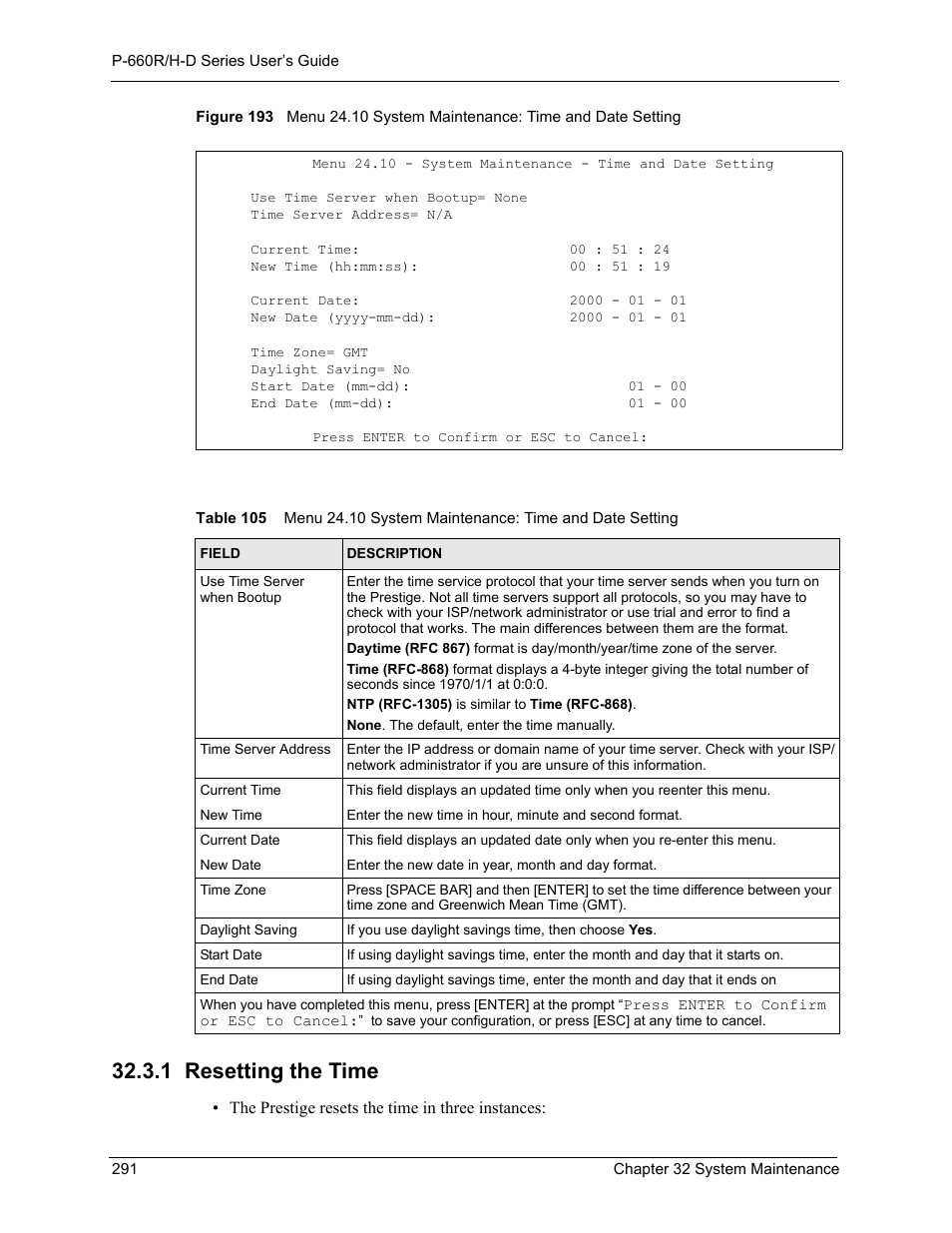 1 resetting the time | ZyXEL Communications P-660H-D Series User Manual | Page 292 / 421