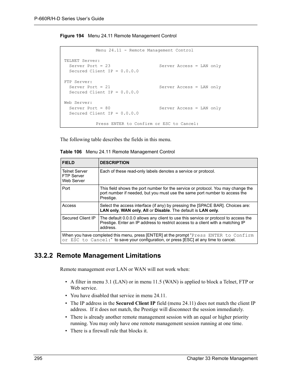 2 remote management limitations, Figure 194 menu 24.11 remote management control, Table 106 menu 24.11 remote management control | ZyXEL Communications P-660H-D Series User Manual | Page 296 / 421