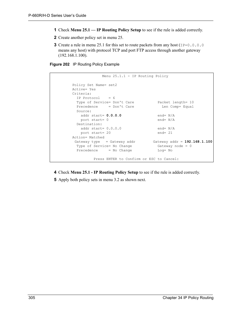 Figure 202 ip routing policy example | ZyXEL Communications P-660H-D Series User Manual | Page 306 / 421