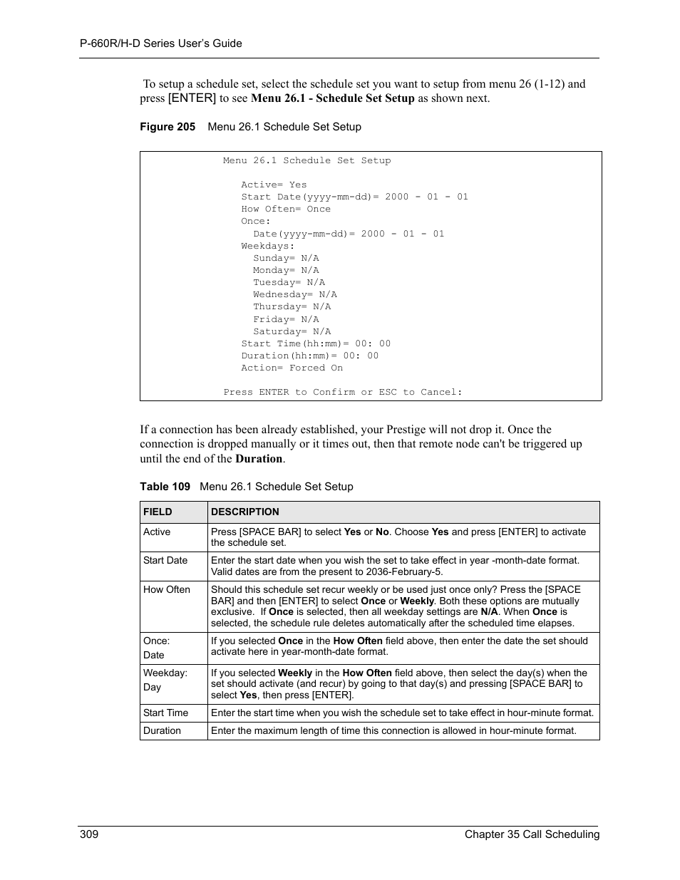 Figure 205 menu 26.1 schedule set setup, Table 109 menu 26.1 schedule set setup | ZyXEL Communications P-660H-D Series User Manual | Page 310 / 421