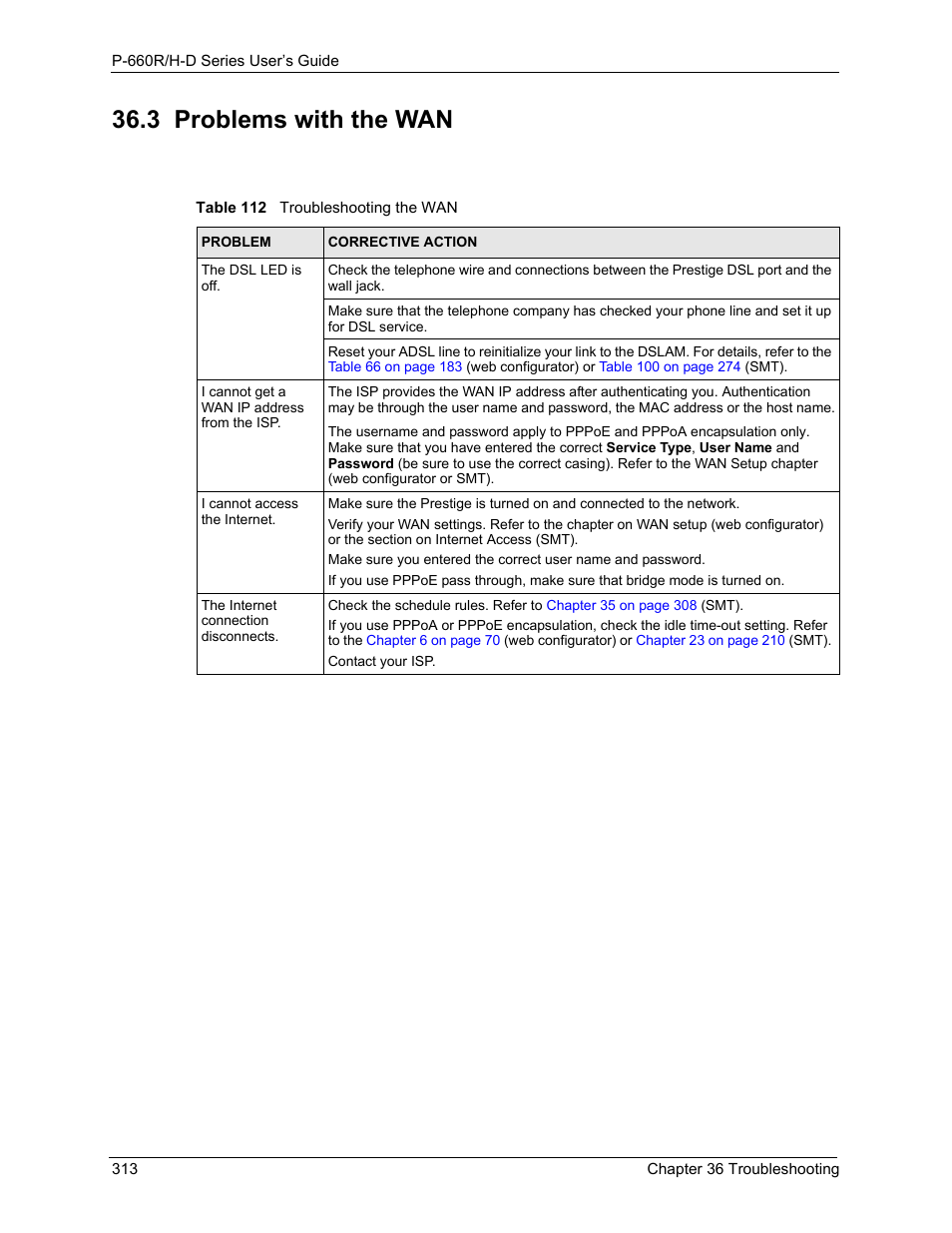 3 problems with the wan, Table 112 troubleshooting the wan | ZyXEL Communications P-660H-D Series User Manual | Page 314 / 421