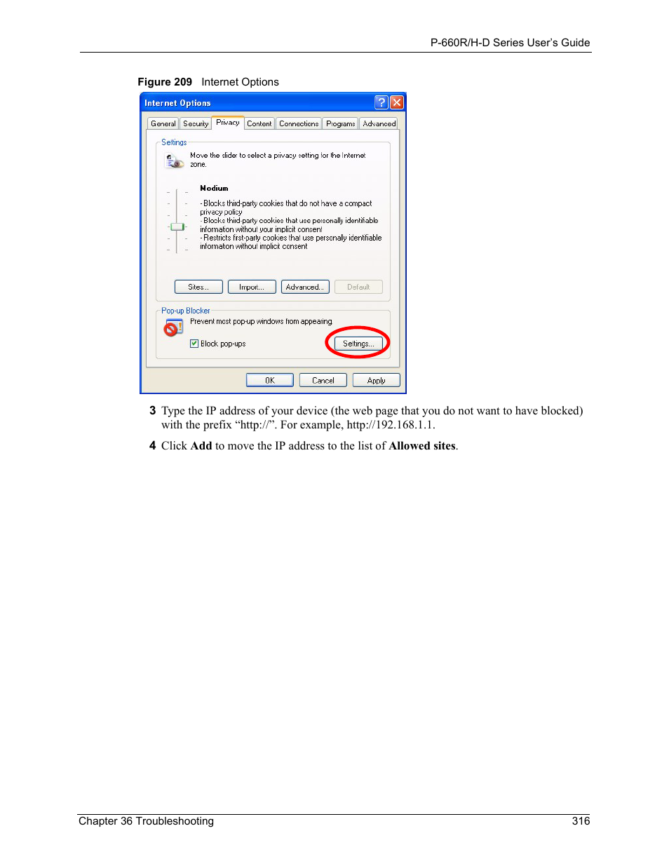 Figure 209 internet options | ZyXEL Communications P-660H-D Series User Manual | Page 317 / 421