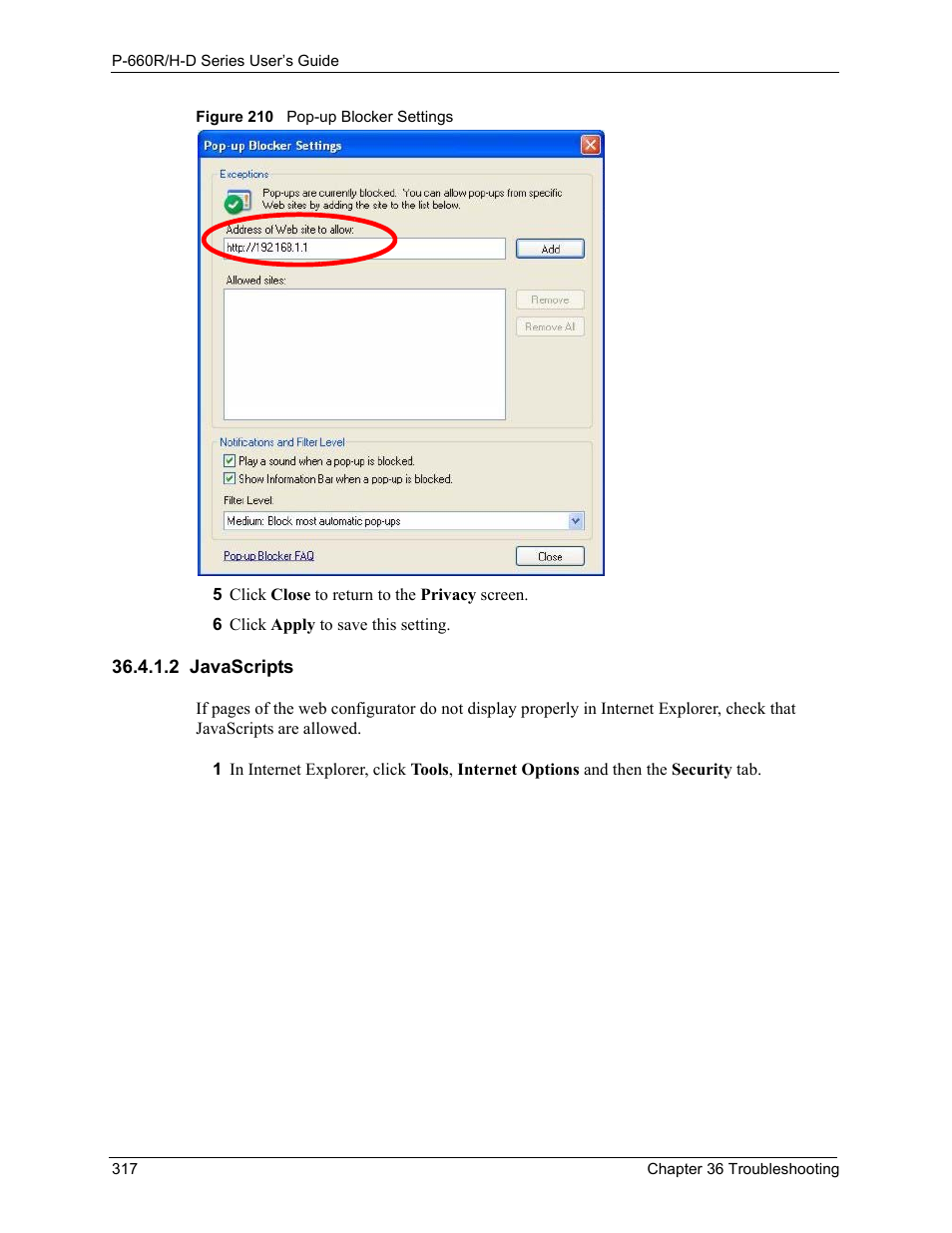 2 javascripts, Figure 210 pop-up blocker settings | ZyXEL Communications P-660H-D Series User Manual | Page 318 / 421
