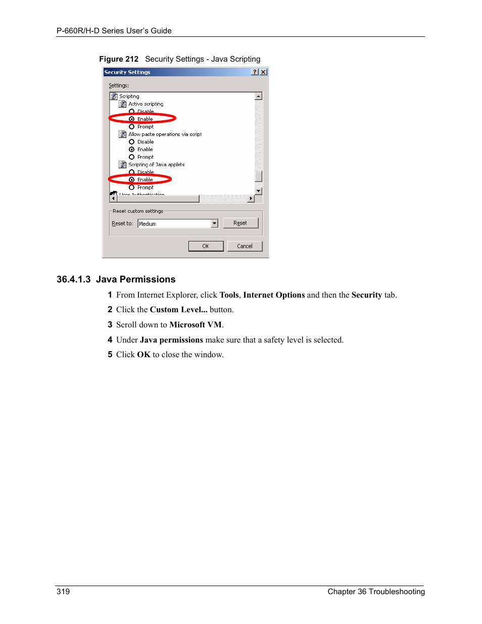 3 java permissions, Figure 212 security settings - java scripting | ZyXEL Communications P-660H-D Series User Manual | Page 320 / 421