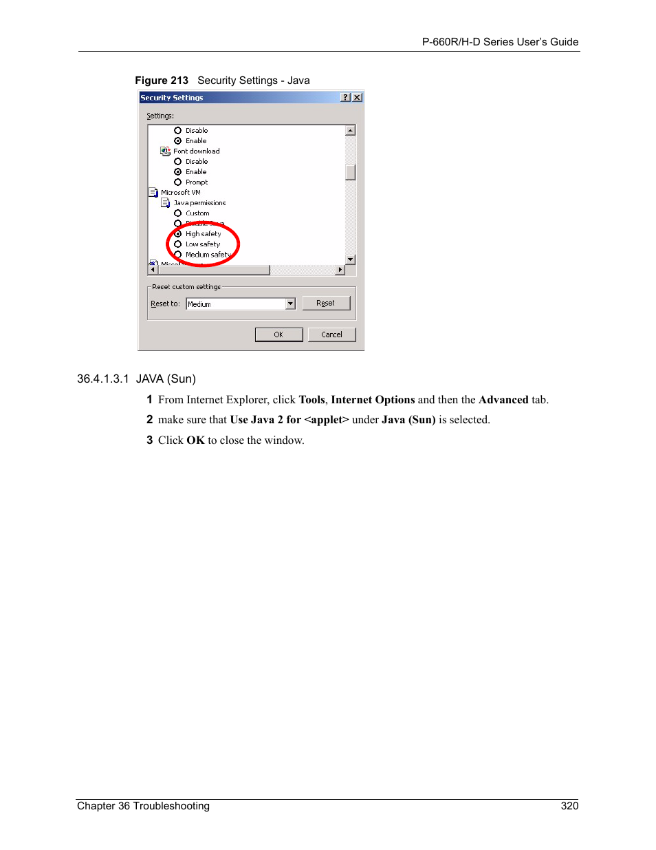 Figure 213 security settings - java | ZyXEL Communications P-660H-D Series User Manual | Page 321 / 421