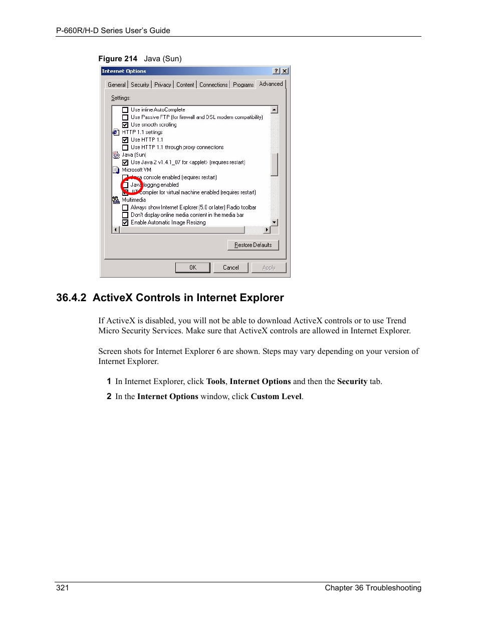 2 activex controls in internet explorer, Figure 214 java (sun) | ZyXEL Communications P-660H-D Series User Manual | Page 322 / 421