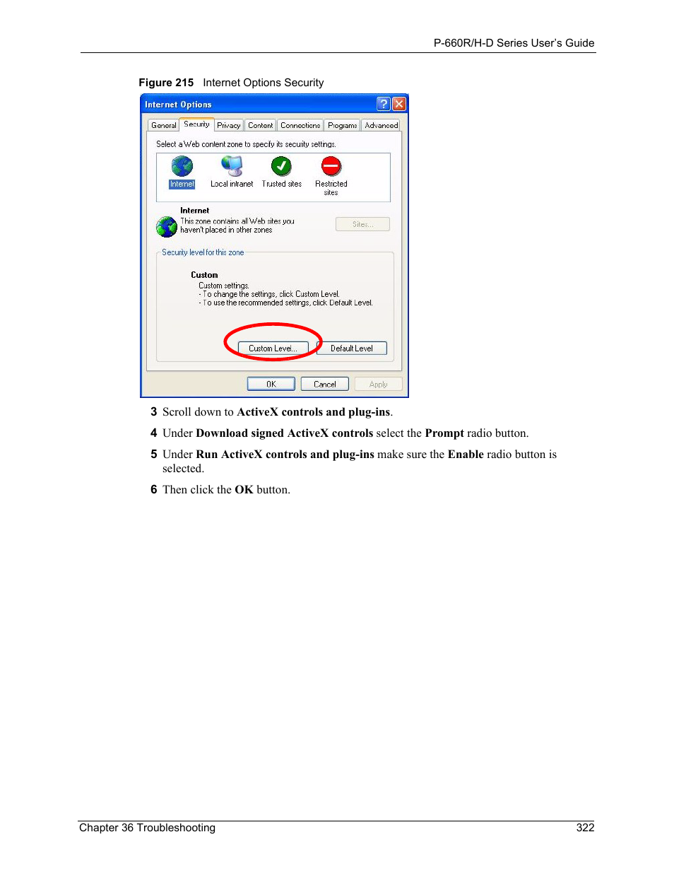 Figure 215 internet options security | ZyXEL Communications P-660H-D Series User Manual | Page 323 / 421