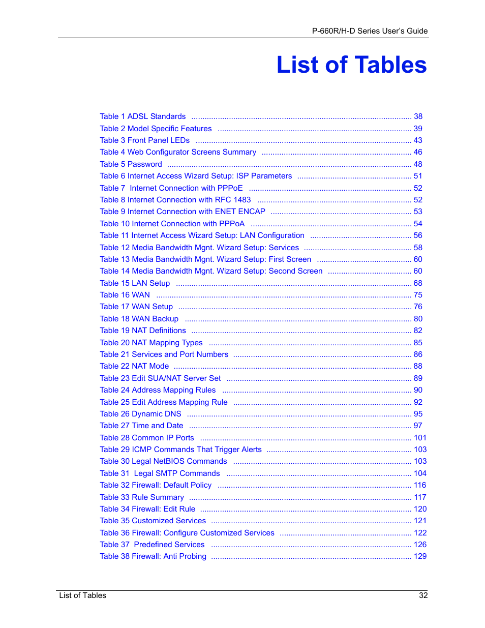List of tables | ZyXEL Communications P-660H-D Series User Manual | Page 33 / 421