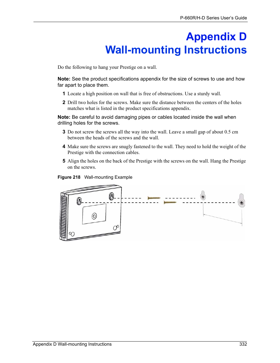D. wall-mounting instructions, Appendix d wall-mounting instructions, Figure 218 wall-mounting example | ZyXEL Communications P-660H-D Series User Manual | Page 333 / 421