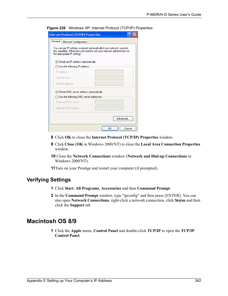 Macintosh os 8/9, Verifying settings | ZyXEL Communications P-660H-D Series User Manual | Page 343 / 421