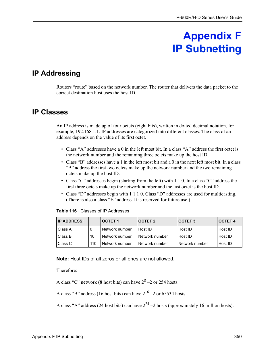 F. ip subnetting, Appendix f ip subnetting, Ip addressing ip classes | Table 116 classes of ip addresses, Ip addressing, Ip classes | ZyXEL Communications P-660H-D Series User Manual | Page 351 / 421