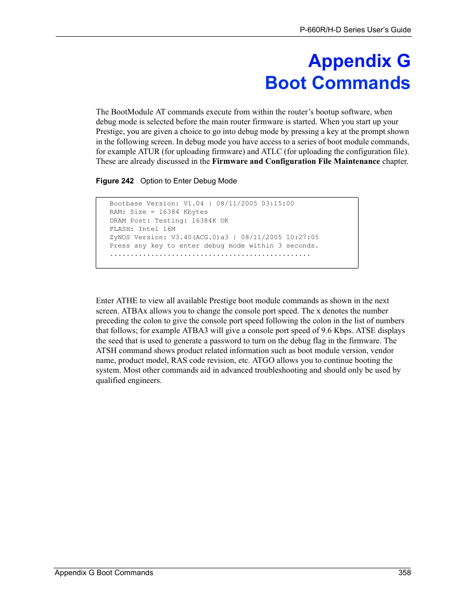 G. boot commands, Appendix g boot commands, Figure 242 option to enter debug mode | ZyXEL Communications P-660H-D Series User Manual | Page 359 / 421