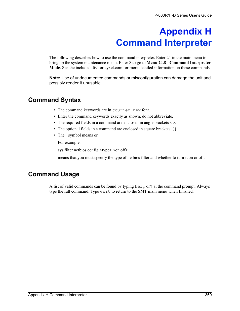 H. command interpreter, Appendix h command interpreter, Command syntax command usage | Command syntax, Command usage | ZyXEL Communications P-660H-D Series User Manual | Page 361 / 421