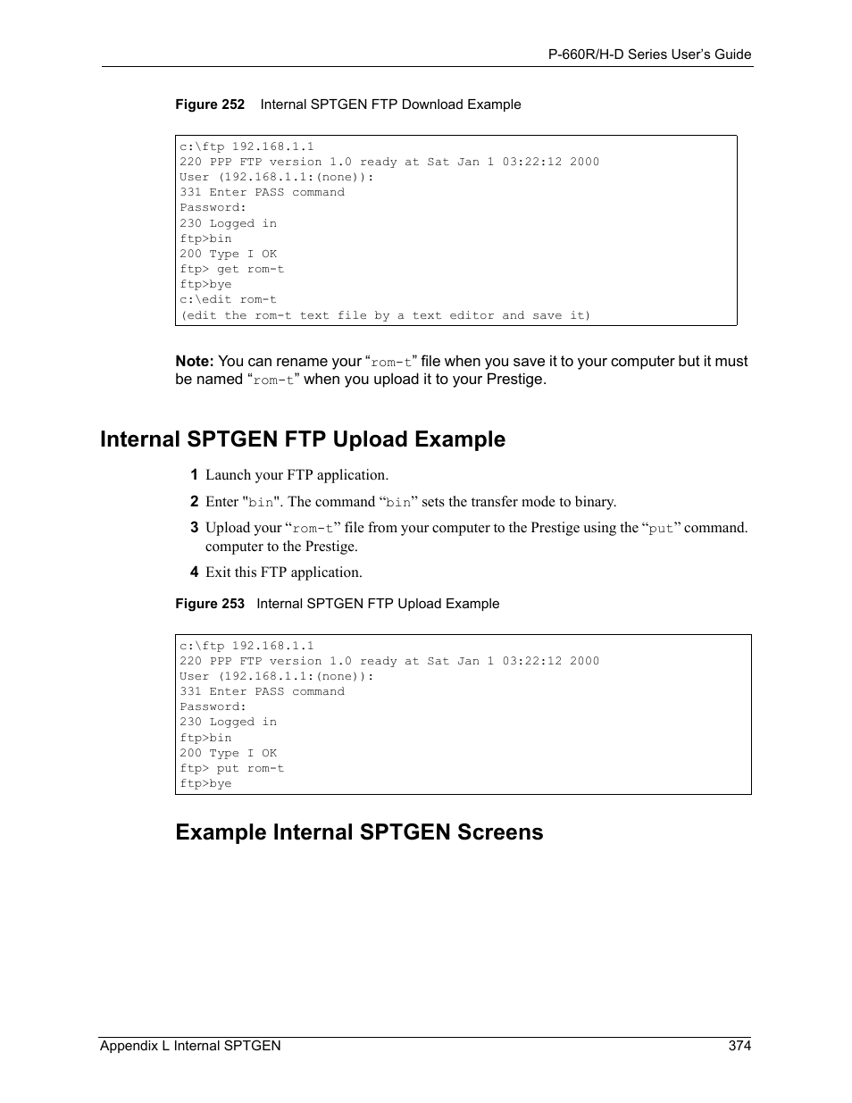 Internal sptgen ftp upload example, Example internal sptgen screens | ZyXEL Communications P-660H-D Series User Manual | Page 375 / 421