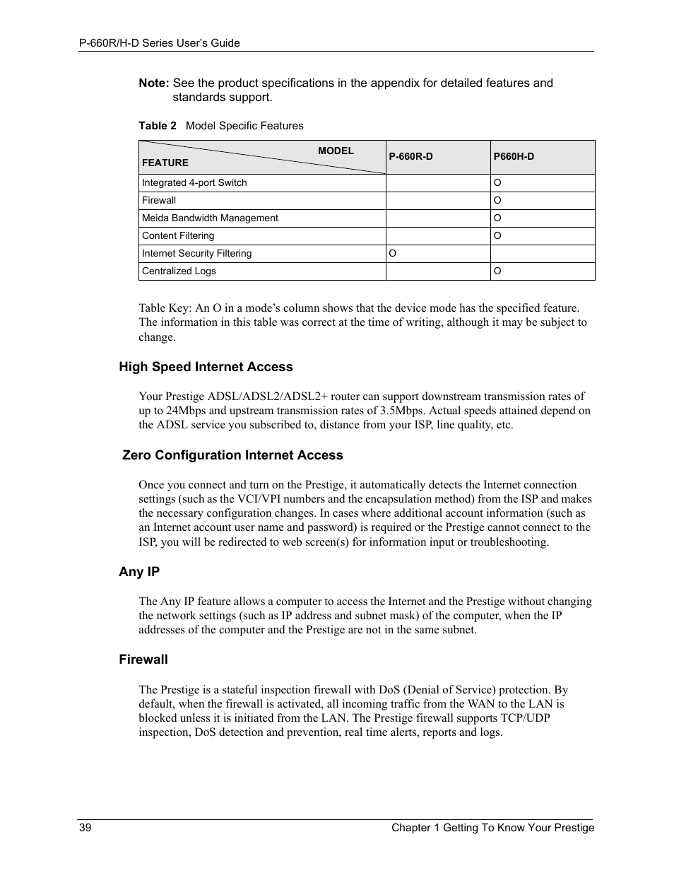 Table 2 model specific features | ZyXEL Communications P-660H-D Series User Manual | Page 40 / 421