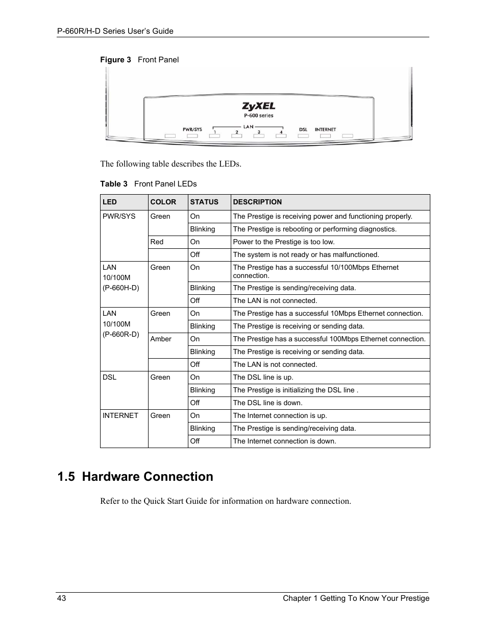 5 hardware connection, Figure 3 front panel, Table 3 front panel leds | ZyXEL Communications P-660H-D Series User Manual | Page 44 / 421