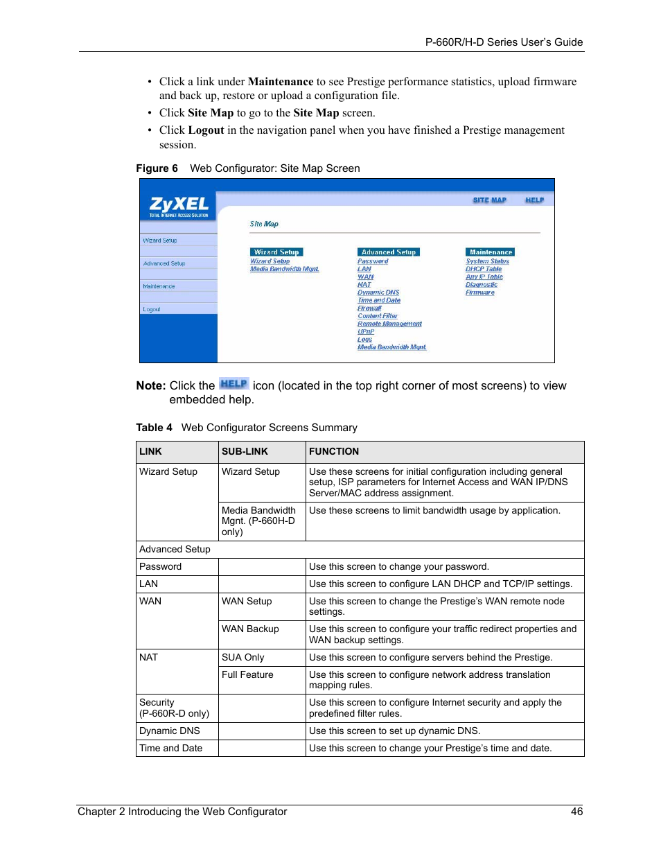 Figure 6 web configurator: site map screen, Table 4 web configurator screens summary | ZyXEL Communications P-660H-D Series User Manual | Page 47 / 421