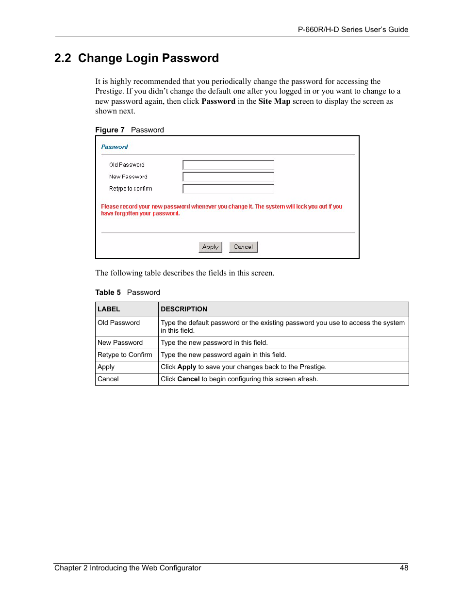 2 change login password, Figure 7 password, Table 5 password | ZyXEL Communications P-660H-D Series User Manual | Page 49 / 421